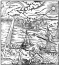 Kupferstich auf dem Titelblatt der lateinischen Ausgabe des Thesaurus opticus, einem Werk des arabischen Gelehrten Alhazen. Die Darstellung zeigt wie Archimedes von Syrakus römische Schiffe mit Hilfe von Parabolspiegeln in Brand gesetzt haben soll