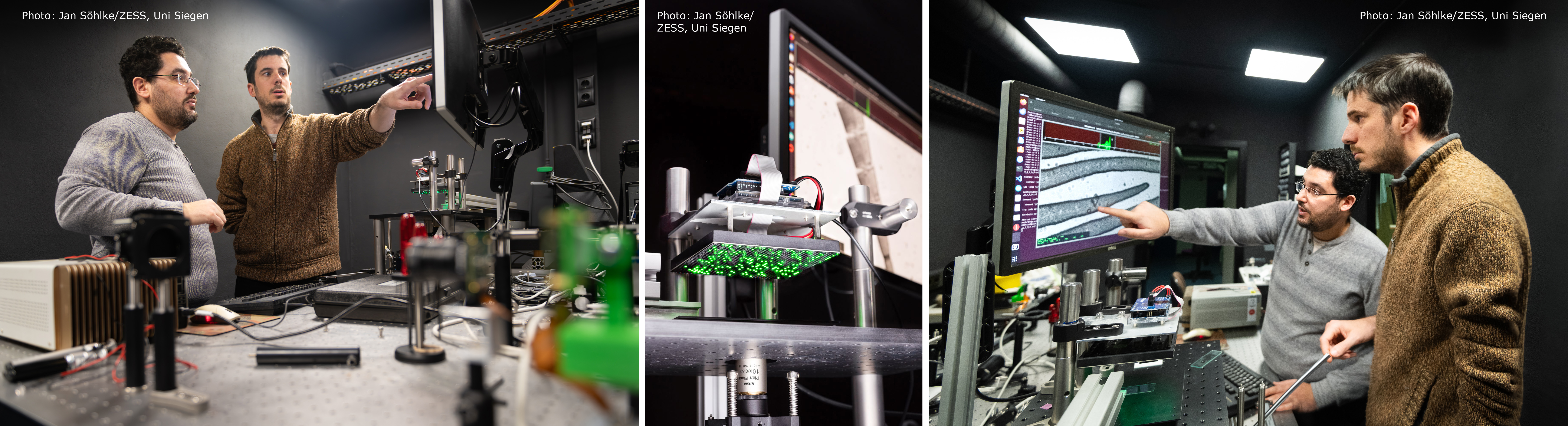 Three images: In the first and third image, Prof. Dr Martorell is seen working in a lab together with Dr John Meshreki, the second image shows Fourier Ptychographic Microscopy showing a butterfly antenna. All three images are copyrighted by Jan Söhlke/ZESS, Uni Siegen.