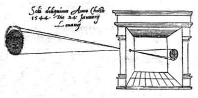 Älteste bekannte Illustration einer Camera obscura. Stich von R. Gemma Frisius, De radio astronomico et geometrico liber, 1545.