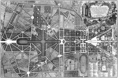 Gesamtplan von Schloss und Plan, 1746. Das Schloss befindet sich im rechten Bilddrittel. Quelle: Wikipedia: http://de.wikipedia.org/wiki/Schloss_Versailles#Die_Parkanlagen.