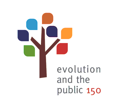 Tagungslogo: Stilisierter Baum mit sieben verschiedenfarbigen Blättern, die die sieben Themenbereiche der Tagung symbolisieren; Schriftzug 'evolution and the public 150'