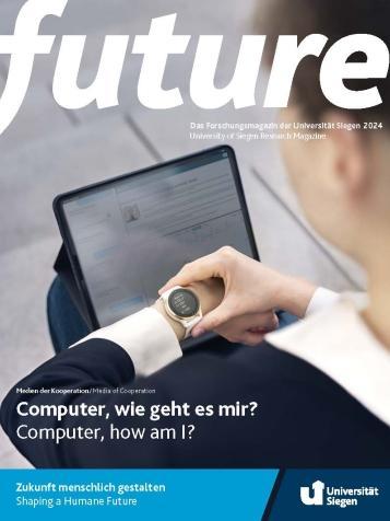 Titelbild Forschungsmagazin. Frau mit Smartwatch und Laptop