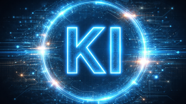 Leuchtendes „KI“ in einem digitalen Kreis mit Netzwerk- und Schaltkreis-Motiven.
