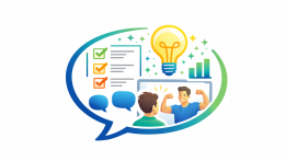 Illustration einer Sprechblase mit Checkliste, Glühbirne, Diagramm und zwei Personen im Feedback-Gespräch.