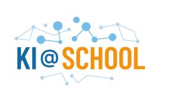 Logo mit Schriftzug ‚KI@SCHOOL‘ in Blau und Orange, umgeben von vernetzten Punktlinien