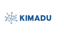 Blaues Logo ‚KIMADU‘ neben einer grafischen Darstellung vernetzter Punkte und Linien