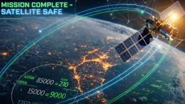 Satellit im Orbit über der Erde mit HUD-Anzeige „Mission complete – Satellite safe“ und Flugbahnen.