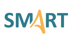 Logo „SMART“ mit türkisfarbenen Buchstaben und stilisiertem gelben A.