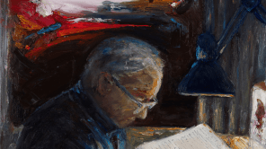 Gemälde, das Hans Jonas lesend am Tisch zeigt