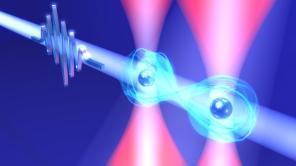 Conceptual diagram of the ultrafast two-qubit gate for quantum computing with neutral atoms. Two single atoms captured in optical tweezers (red light) with a separation of a micrometer are entangled with an ultrafast laser pulse (blue light) shone for only 10 picoseconds