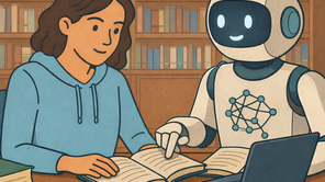 KI generiertes Bild, Person und Roboter in einer Bibliothek