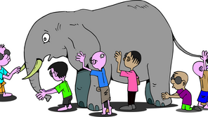 Von Kindern umringter Elefant, der von Kindern berührt wird