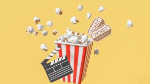 Illustration von einer Filmklappe, einem Becher Popcorn und Eintrittskarten