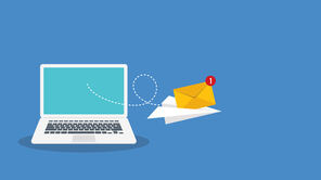 Illustration von einem Laptop, einem Papierflieger und einem Briefsymbol