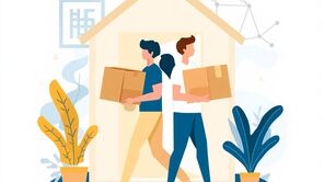 Illustration eines Umzugs: zwei Personen tragen Kartons