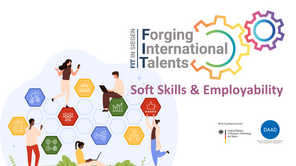 Fit Logo und Illustration einer vernetzten Arbeitswelt mit fünf Personen und Symbolen für Teamarbeit, Kommunikation, Projektmanagement und Datenanalyse.