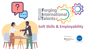 Schriftzug: FIT Soft Skills and Employability und Grafik mit 2 Personen, die an einem Tisch stehen und sich die Hand reichen