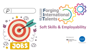 Schriftzug: FIT Soft Skills and Employability und Grafik einer Dartscheibe unter der Jobs steht. In der Mitte ist ein Dartpfeil. Oben drüber ist ein Suchfeld.