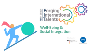 Schriftzug: FIT Well Being and Social Integration mit Grafik eines Superhelden, der eine Kugel den Berg hochschiebt.