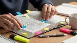 Aufgeschlagenes Buch mit vielen farbigen Post-it-Zettelchen