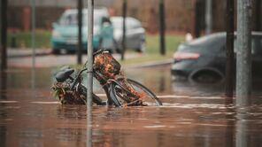 Fahrrad und Zebrastreifenschild im Hochwasser
