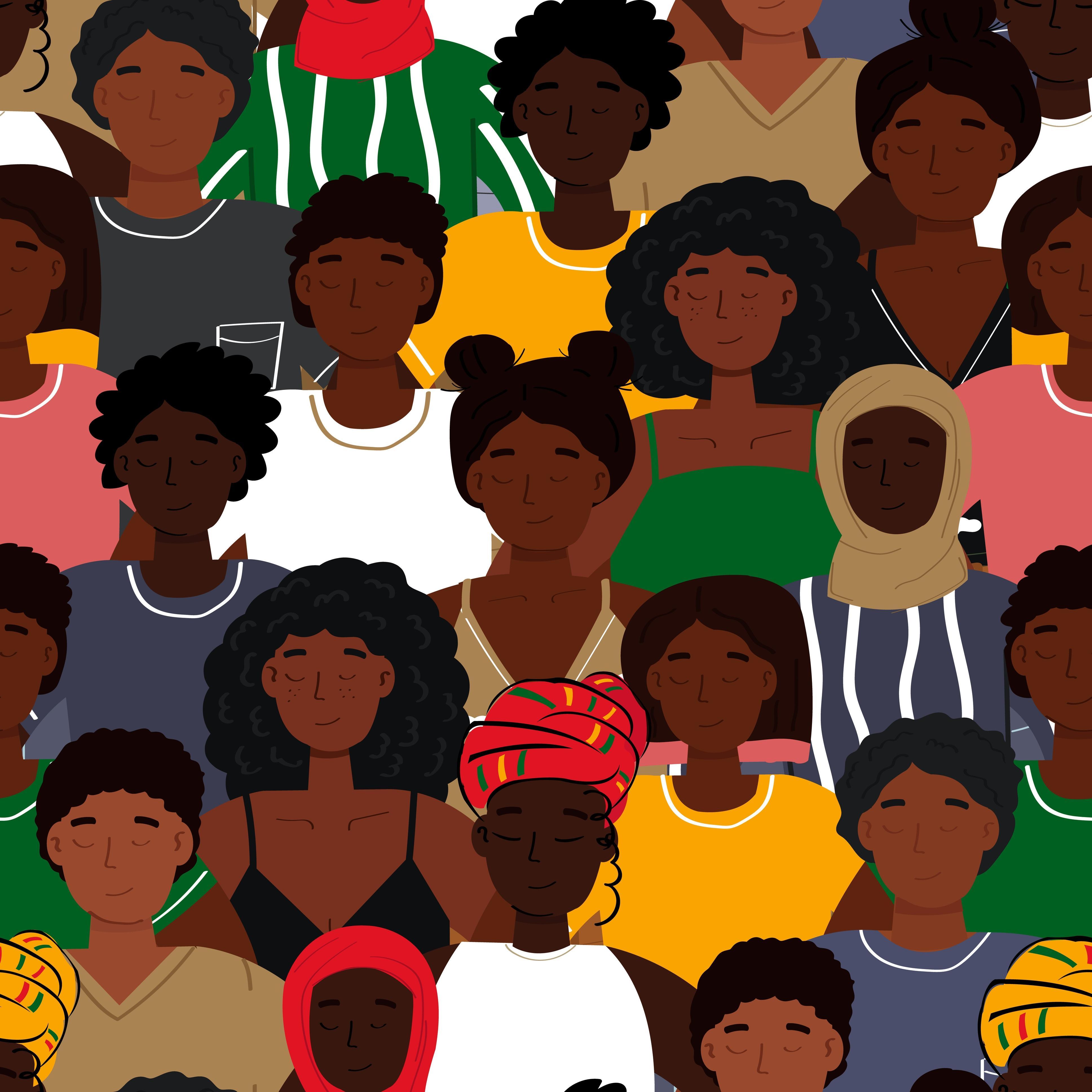 Illustration einer vielfältigen Gruppe von Menschen mit unterschiedlichen Hauttönen, Frisuren und Kleidung, die zusammenstehen