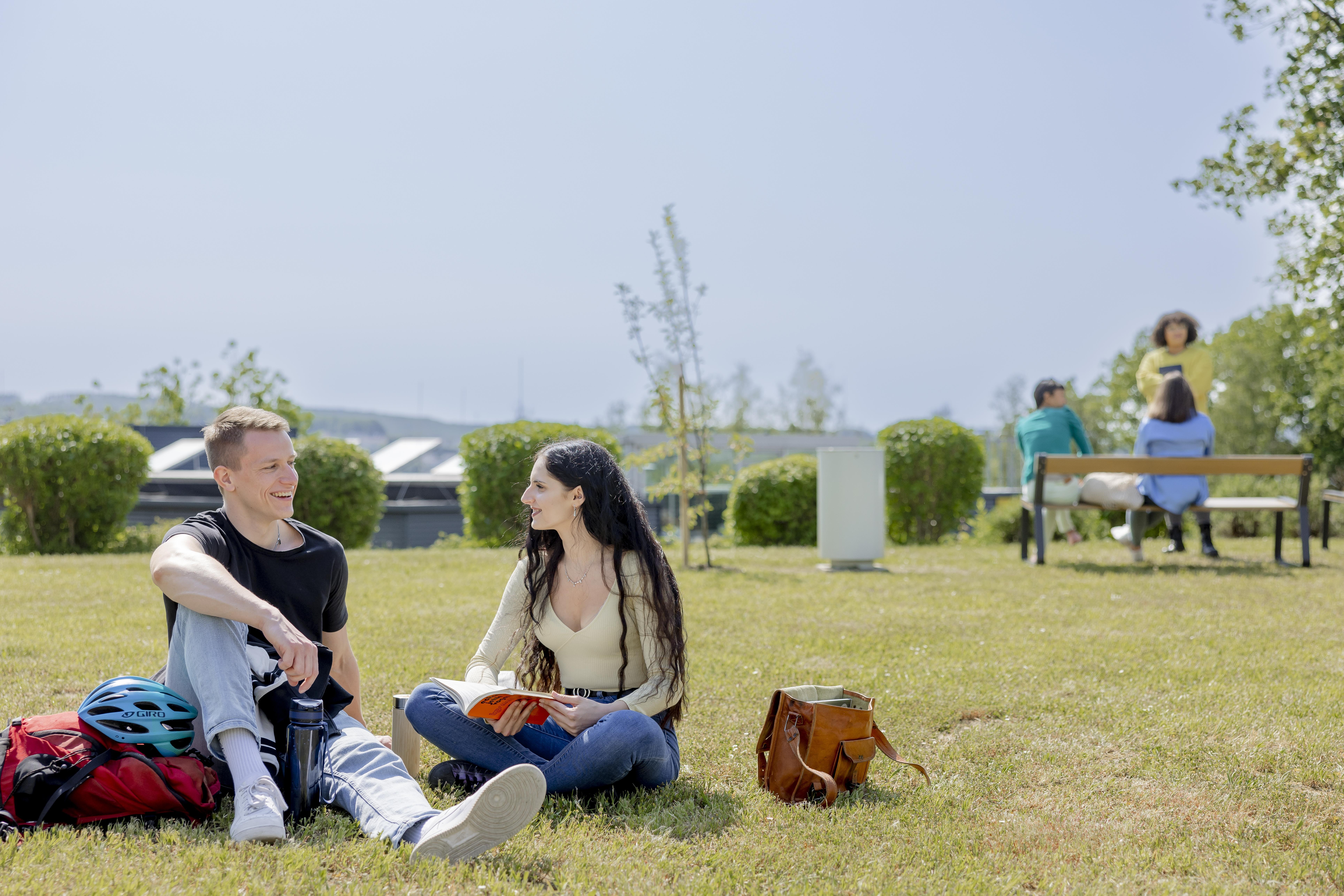 Studierende sitzen mit Rucksäcken und Büchern auf der LEOwiese.