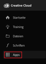 Adobe CC Dashboard mit markiertem Menüpunkt "Apps"