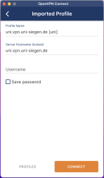 Screenshot OPenVPN Connect mit Eingabefeld für Nutzerkennung