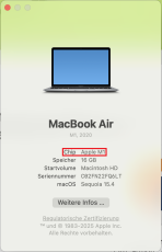 Screenshot mit Übersicht über Macbook Daten