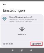 geteduroam Verbindungsabfrage mit markiertem Button "Speichern"