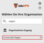 eduVPN App mit ausgewähler Option "Universität Siegen"