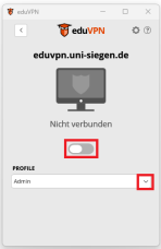 eduVPN Client mit markiertem Regler zur Verbindungsherstellung und Button für Profilauswahl