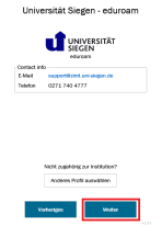 geteduroam Profilauswahl und Information mit markiertem "Weiter" Button