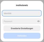 Einstellungen für institutsnetz mit Feld für Nutzerkennung und Passwort; Details in der Bechreibung.