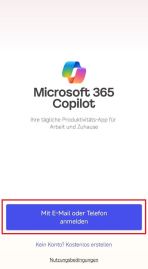 MS 365 Copilot App mit Anmeldescreen und markiertem Button "Mit E-Mail oder Telefon anmelden"