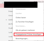 Drop-down Menü, welches über Rechtsklick auf die Mailadresse geöffnet wurde, mit markierter Option "Freigegebene Ordner hinzufügen..."