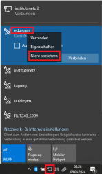 Windows WLAN einstellungen in der Taskleiste mit markiertem Eintrag für eduroam und der Option "Nicht speichern"