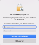 MacOS Installationsabfrage mit Nutzername und Feld für Gerätepasswort