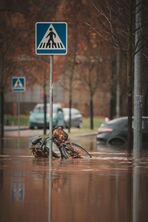 Fahrrad und Zebrastreifenschild im Hochwasser