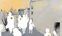 Illustration - Scherenschnitte von Menschen, die Judensterne tragen, vor einer Stadtszene