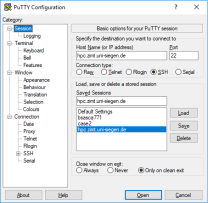 putty gui hpc.zimt.uni-siegen.de mit port 22 (ssh) angegeben ist
