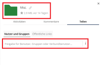 Ein Fenster mit dem Reiter „Teilen“ ist geöffnet. Oben wird erneut der Ordner „Misc.“ angezeigt, inklusive Größe (2,9 MB) und Zeitangabe. Darunter gibt es ein Eingabefeld mit der Beschriftung „Freigabe für Benutzer, Gruppen oder Verbundbenutzer…“, in das man den Benutzernamen der Person eingibt, für die der Ordner freigegeben werden soll. Die Registerkarten „Nutzer und Gruppen“ sowie „Öffentliche Links“ sind ebenfalls sichtbar, um zwischen verschiedenen Freigabearten zu wechseln.