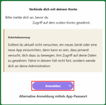 Der Screenshot zeigt die Anmeldeseite mit der Überschrift „Verbinde dich mit deinem Konto“. Darunter steht der Hinweis, dass man sich anmelden muss, bevor der Zugriff auf das sciebo-Konto gewährt wird. Ein farblich abgesetzter Kasten enthält eine Sicherheitswarnung, die davor warnt, fortzufahren, falls man kein neues Gerät oder keine App einrichtet, da dies ein möglicher Betrugsversuch sein könnte. Am unteren Rand befindet sich ein violetter Button mit der Aufschrift „Anmelden“, der rot umrandet ist, sowie