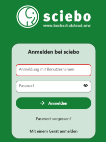 Der Screenshot zeigt die grüne Anmeldeseite von sciebo mit dem Logo und dem Schriftzug „[www.hochschulcloud.nrw“](http://www.hochschulcloud.nrw“) im oberen Bereich. Darunter befindet sich das Anmeldefeld mit der Überschrift „Anmelden bei sciebo“. Es gibt zwei Eingabefelder, eines für den Benutzernamen und eines für das Passwort, daneben ein Symbol zum Einblenden des Passworts. Unten befindet sich ein grüner Button mit der Aufschrift „Anmelden“. Unter dem Button stehen die Links „Passwort vergessen?“ und „Mi