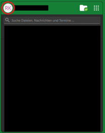 Der Screenshot zeigt das Hauptfenster des sciebo-Clients. Oben links ist ein runder Avatar mit den Initialen „RK“ rot markiert. Rechts daneben befinden sich ein Ordnersymbol mit grünem Haken und ein Menü mit neun Punkten. Darunter liegt ein Suchfeld mit der Beschriftung „Suche Dateien, Nachrichten und Termine …“. Der restliche Bereich des Fensters zeigt den Inhaltsbereich des Clients.