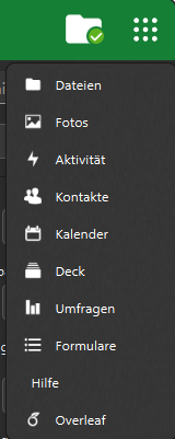 Der Screenshot zeigt das geöffnete Menü des sciebo-Clients. Oben befindet sich ein grüner Balken mit einem Ordnersymbol und grünem Haken. Darunter werden verschiedene Menüeinträge mit Symbolen angezeigt: Dateien, Fotos, Aktivität, Kontakte, Kalender, Deck, Umfragen, Formulare, Hilfe und Overleaf.