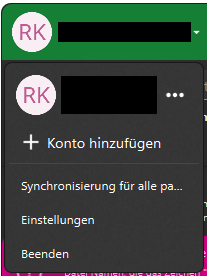 Der Screenshot zeigt das geöffnete Benutzerkontomenü im sciebo-Client. Oben ist ein Avatar mit den Initialen „RK“ zu sehen. Darunter befindet sich eine Liste mit Optionen: „Konto hinzufügen“, „Synchronisierung für alle pa…“, „Einstellungen“ und „Beenden“. Rechts neben dem bestehenden Konto wird ein Symbol mit drei Punkten angezeigt, über das weitere Optionen erreichbar sind.