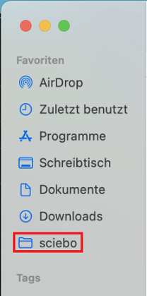 Der Screenshot zeigt die Seitenleiste des macOS-Finders. Unter den Favoriten wie AirDrop, Programme, Schreibtisch, Dokumente und Downloads ist nun ein weiterer Ordner mit dem Namen „sciebo“ sichtbar und rot markiert, was anzeigt, dass der Cloud-Speicher erfolgreich verbunden wurde.
