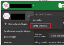 Der Screenshot zeigt das geöffnete Benutzerkontomenü im sciebo-Client. Neben dem Benutzeravatar mit den Initialen „RK“ wird ein Untermenü angezeigt, in dem die Optionen „Abmelden“ und „Konto entfernen“ zur Verfügung stehen. Die Option „Konto entfernen“ ist rot markiert und zeigt, dass hiermit das ausgewählte Benutzerkonto aus dem Client gelöscht werden kann.